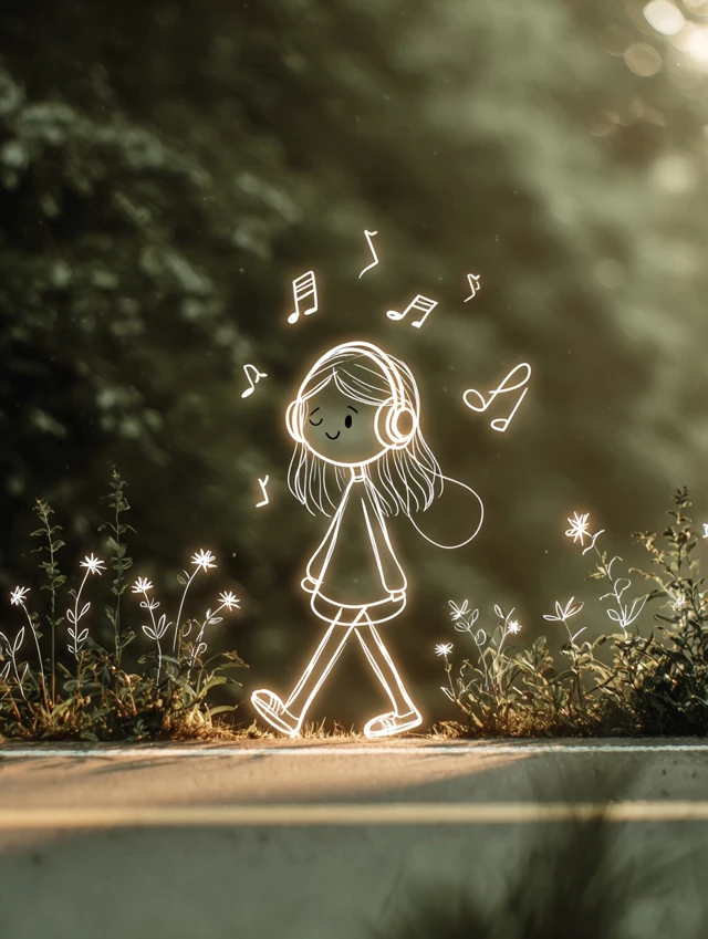 Girl Listening to Music Minimalist Illustration