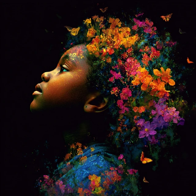 Young Black Girl with Flowers Blooming from Hair