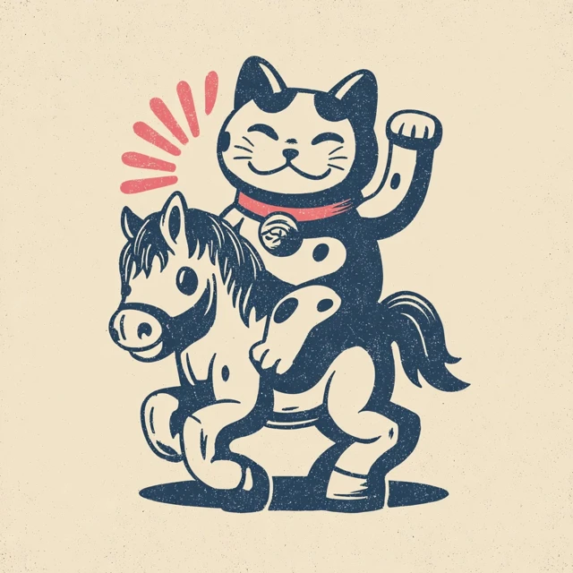 Cute Cartoon Cat Riding Horse Retro Design