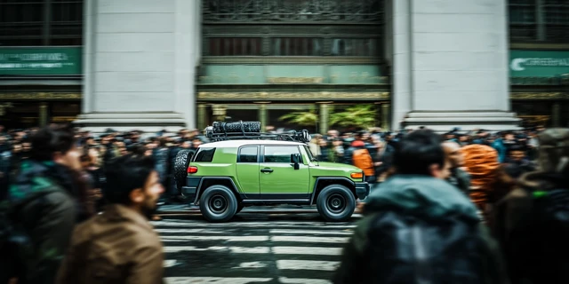 Toyota FJ Parrot Green Off Road Speeding Through Crowd