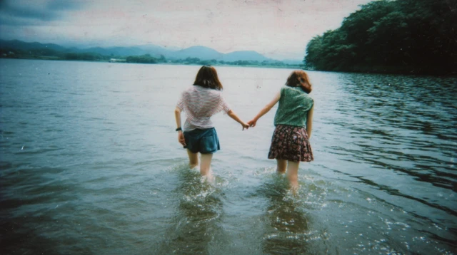 Japanese Lake Scene Two Young Women Vintage Film