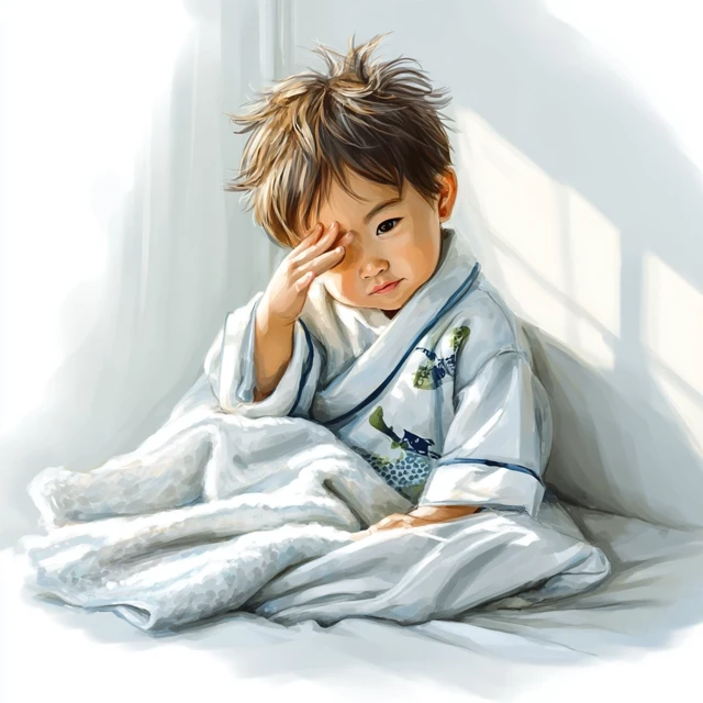 Japanese Toddler Boy Waking Up: Watercolor