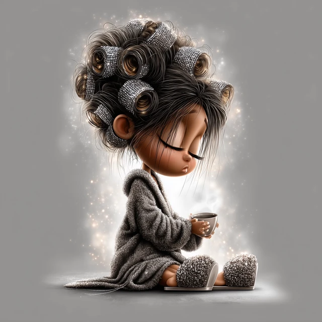 Cute Cartoon Woman in Robe with Coffee