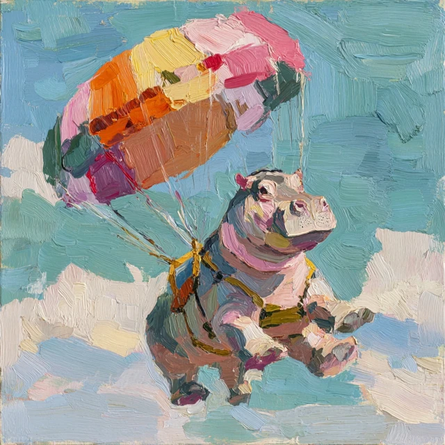 Impressionist Hippo Painting Under a Rainbow Parachute