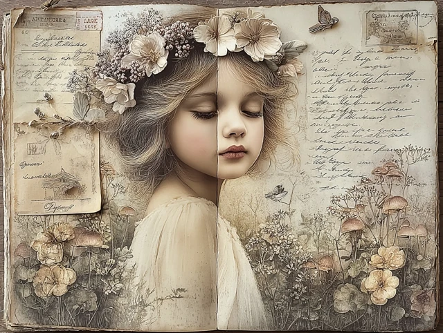 Vintage Journal Page Girl Flowers Birds