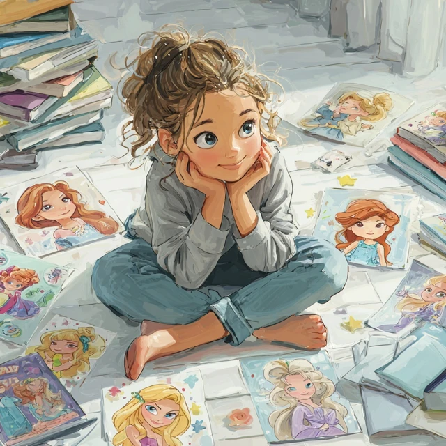 Little Girl Enjoys Princess Stickers And Notebooks