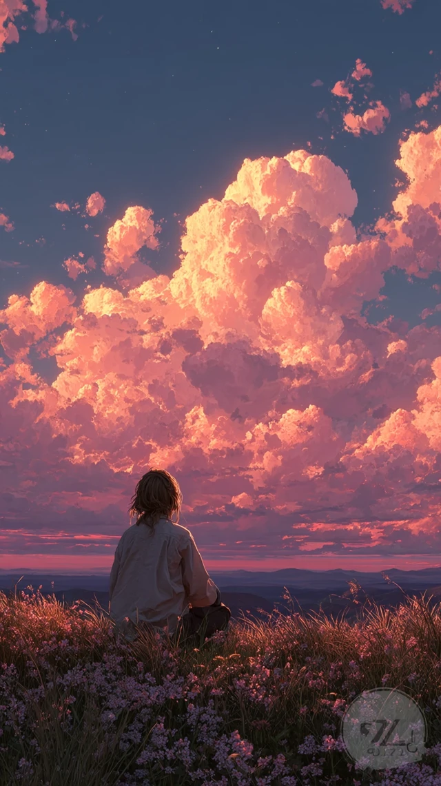 Dreamy Twilight Scene Girl Gazing at Clouds
