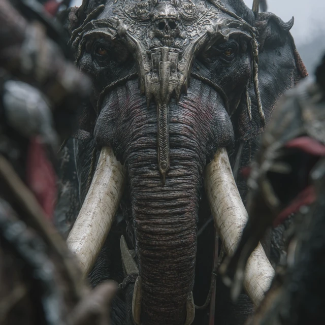 Battle Elephant Attacking From Low View Point