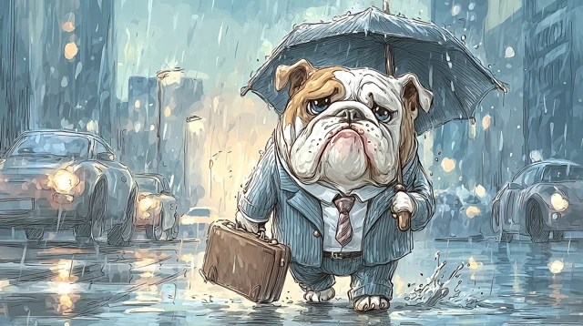 Bulldog in Suit Rainy Day Cartoon