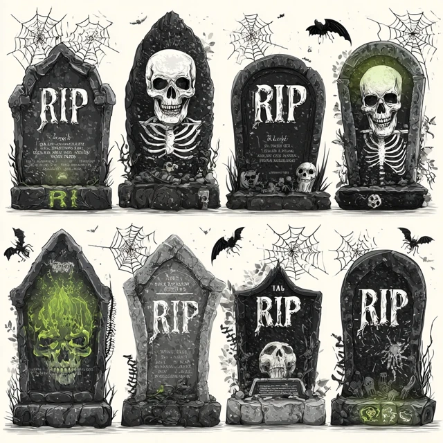 Spooky Halloween Tombstones RIP Gothic Skulls Bats Webs