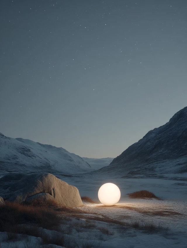 Illuminated Sphere in Snowy Nordic Landscape