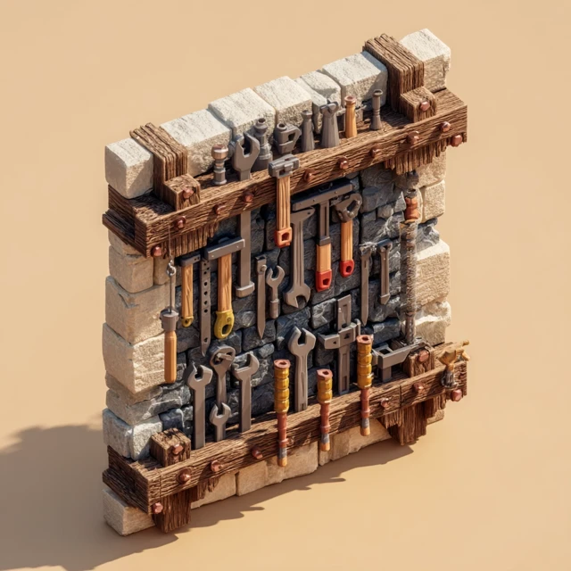 Medieval Wall Mounted Tool Grid Pixar Style 3D Render