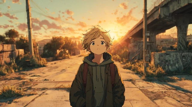 Anime Boy in Abandoned City Sunset Melancholy