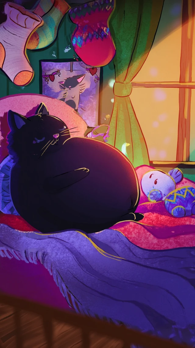 Cozy Cartoon Black Cat Illustration