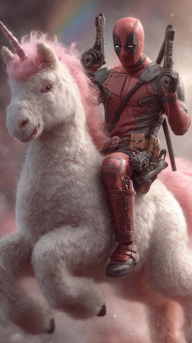Deadpool Rides a Unicorn Epic Parody Art