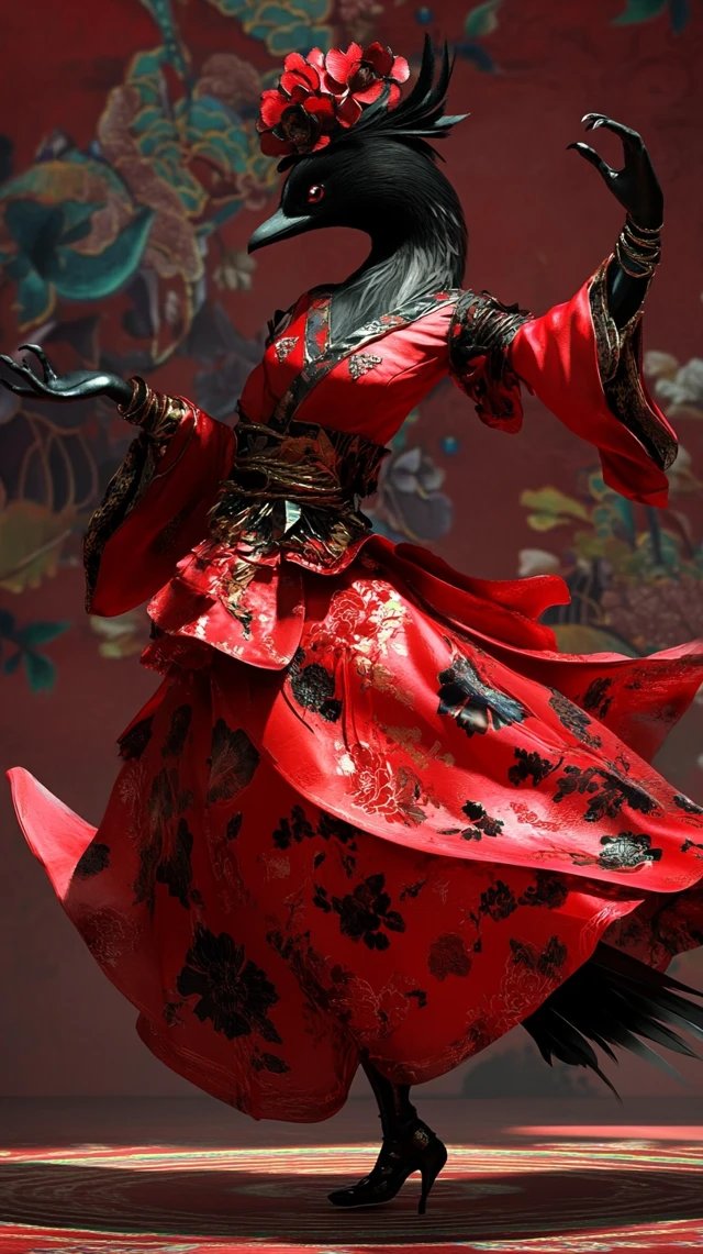 Dancing Crow in Red Dress Black Flowers