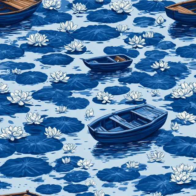Chinese Boat Pattern Lotus Flowers Porcelain Style