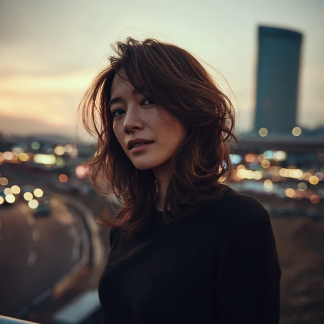 Korean Woman with C Curl Hair Cityscape