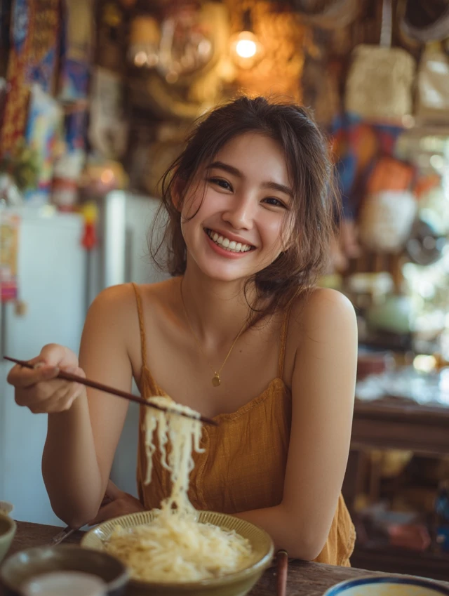 Thai Woman Eating Noodles Food Lifestyle Photography