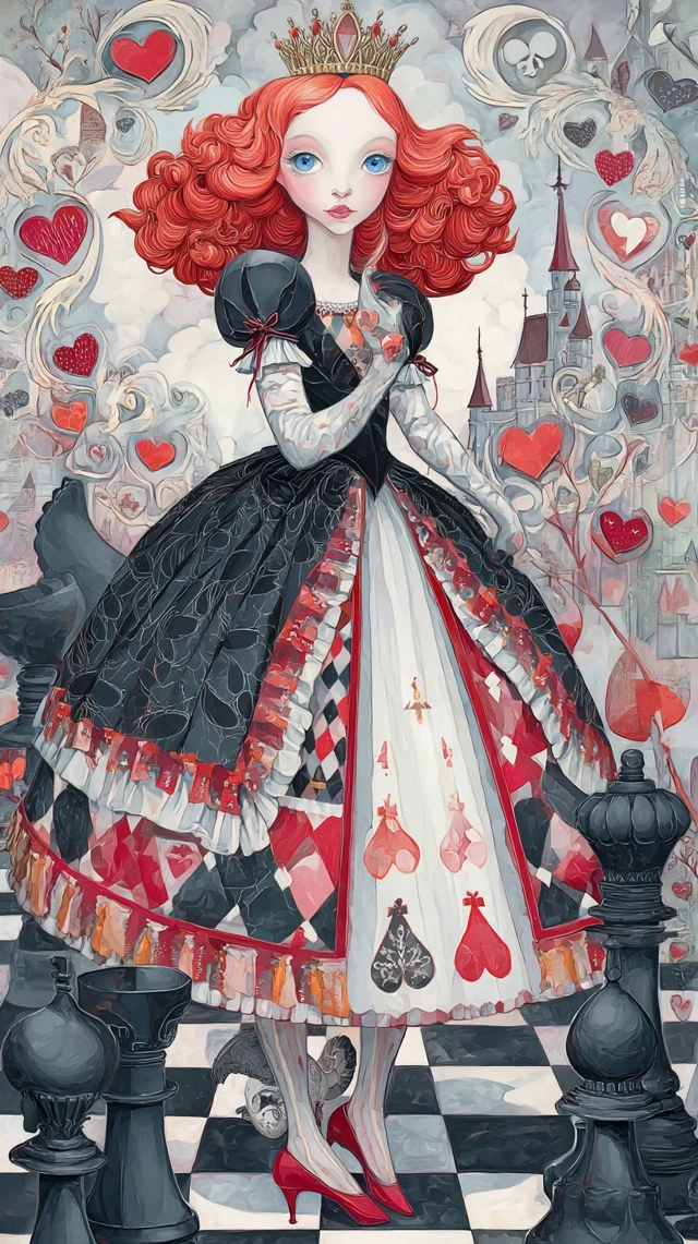 Queen of Hearts on Chessboard Art by Michael Cheval
