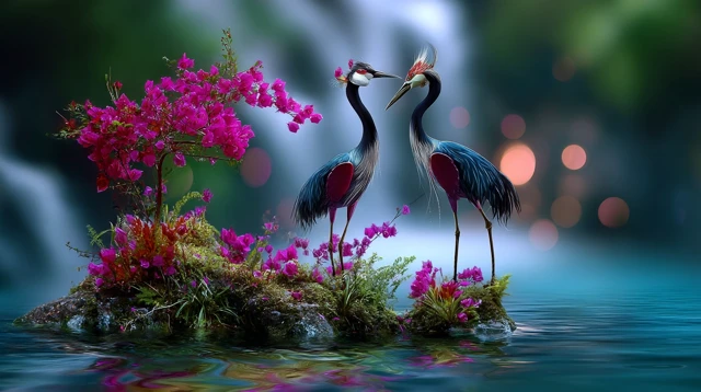 Birds in Love Nature with Waterfall and Flowers