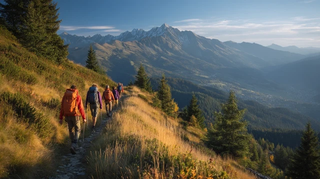 Hikers on Mountain Trail Scenic Landscape Adventure