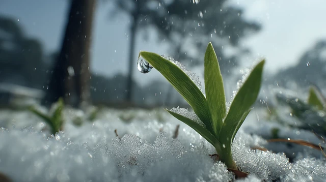 Emerald Green Plant Emerging From Snow Macro Photo