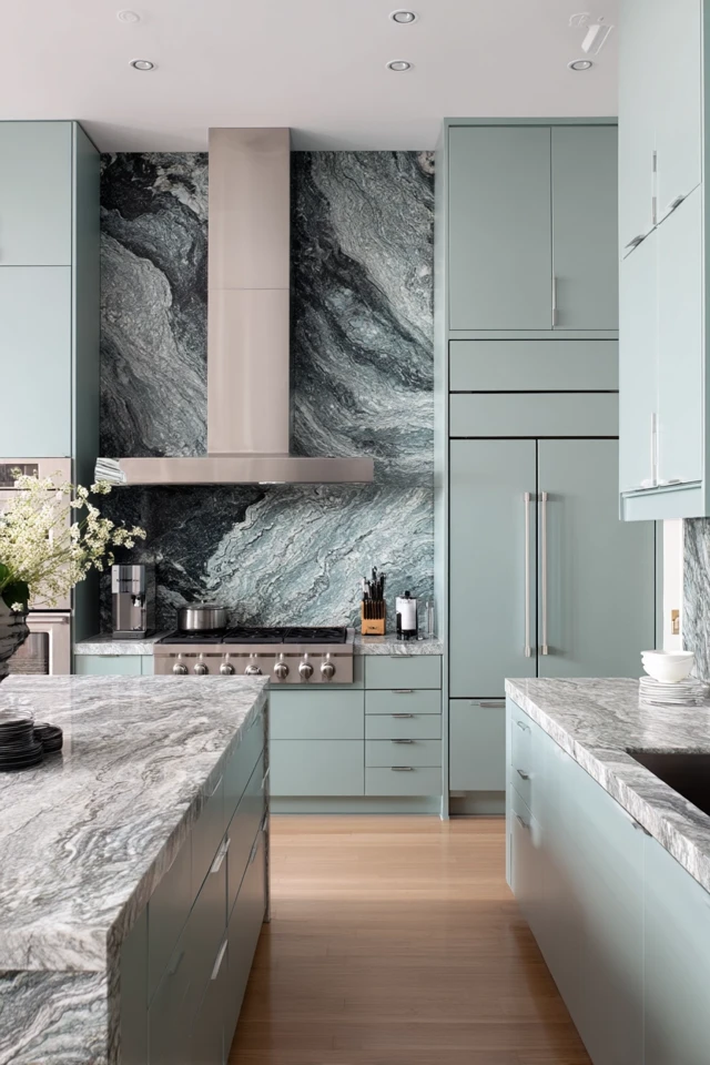 Modern Industrial Kitchen Seafoam Green Marble