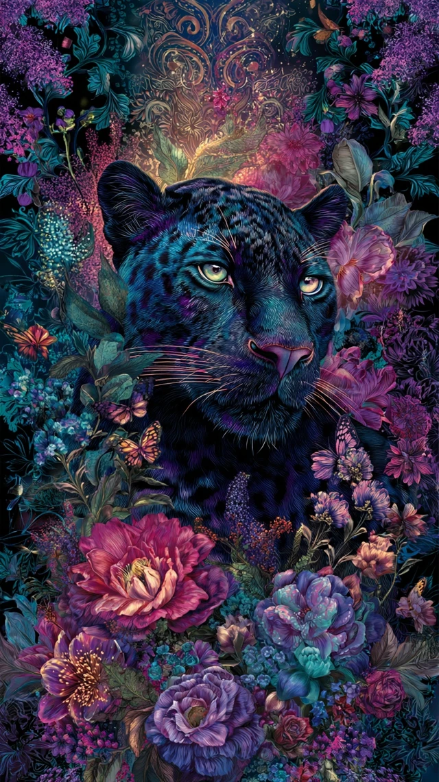 Regal Black Panther in Lush Floral Design