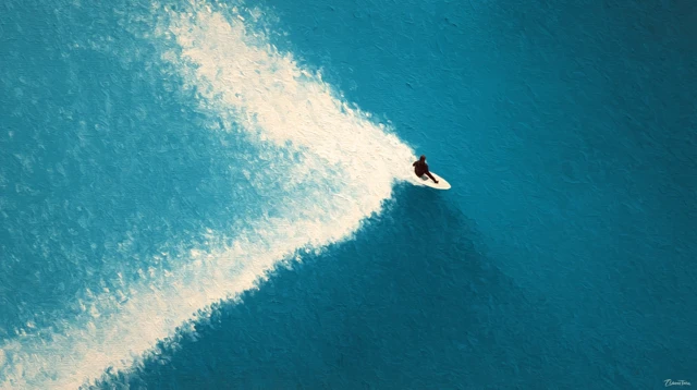 Minimalist Oil Painting Surfer Riding Wave Aerial View