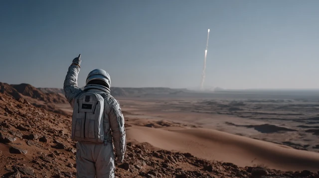 Astronaut on Mars Sending Signal Rocket