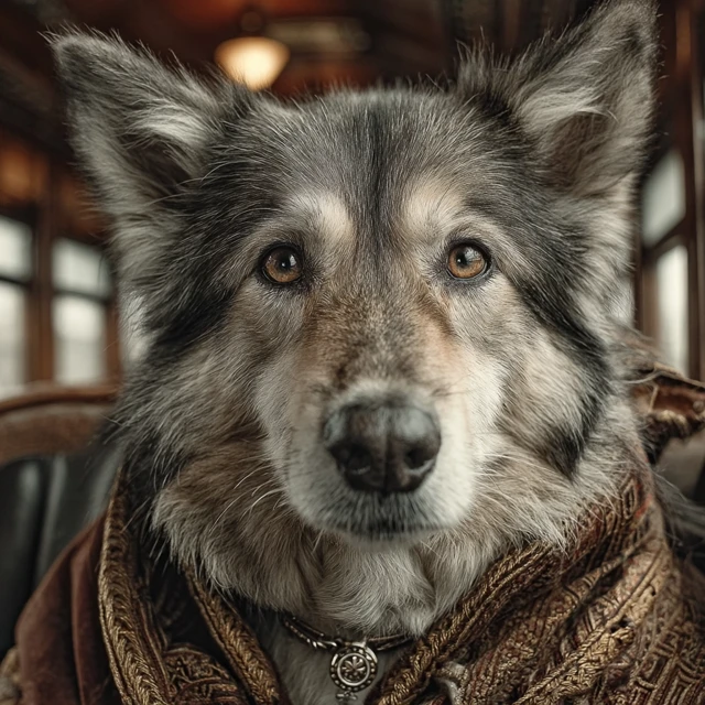 Helmut Newton Husky in Vintage Train Hyperrealistic Photo