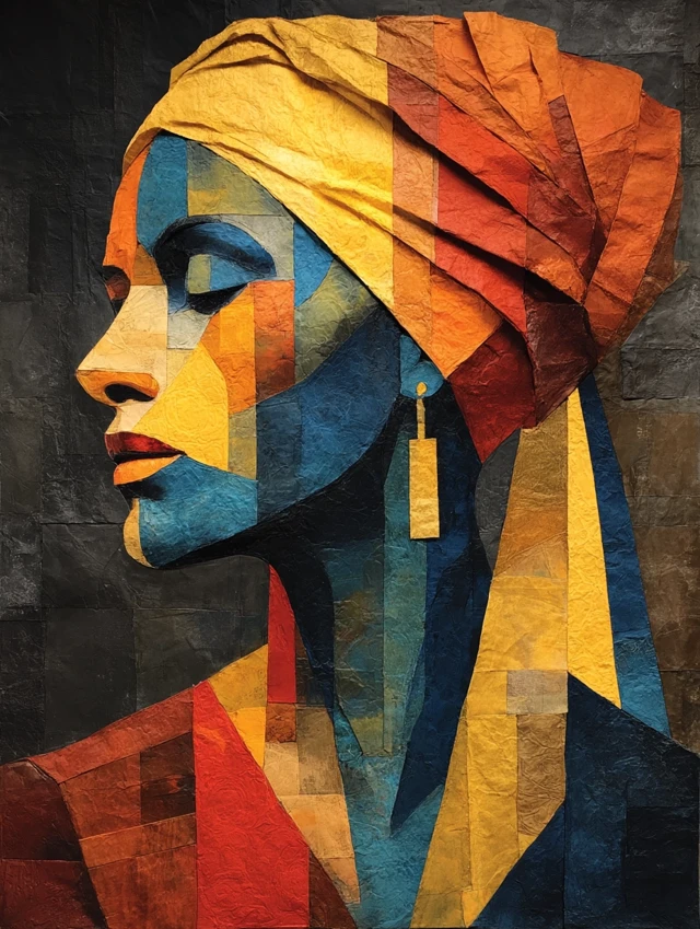 Cubist Portrait of Black Woman with Head Wrap