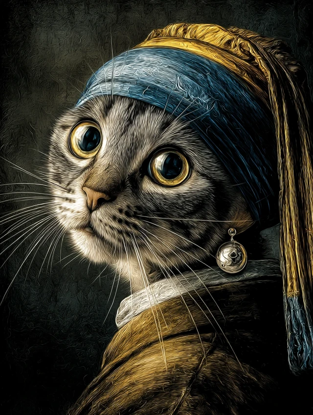 Cat with a Fish Earring Vermeer Parody Art