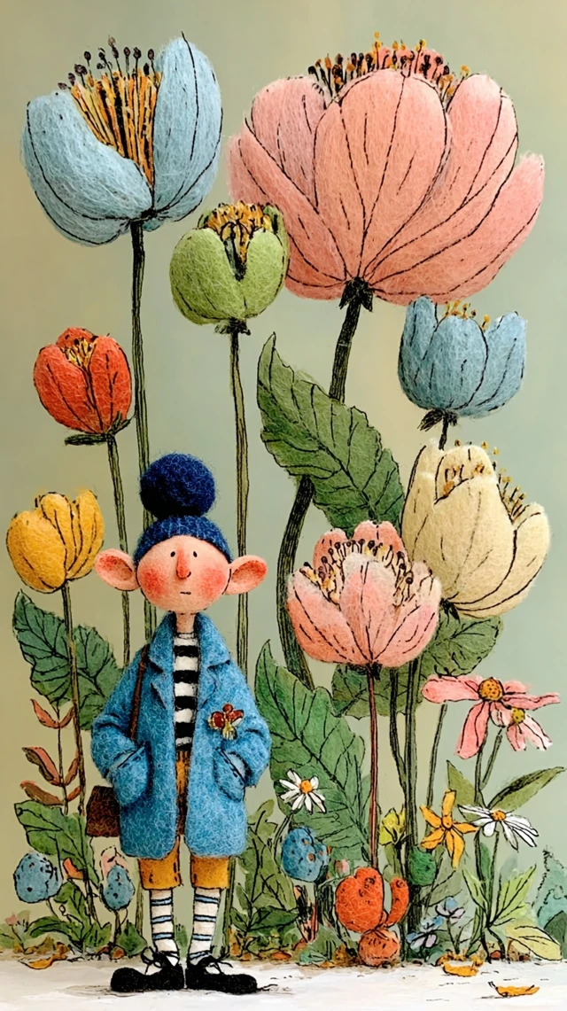 Cute Felted Elf in a Floral Forest