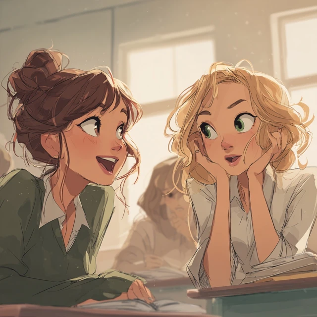 Two Girls Chatting in Classroom Illustration