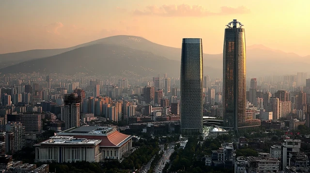 Golden Hour Urban Landscape Twin Skyscrapers