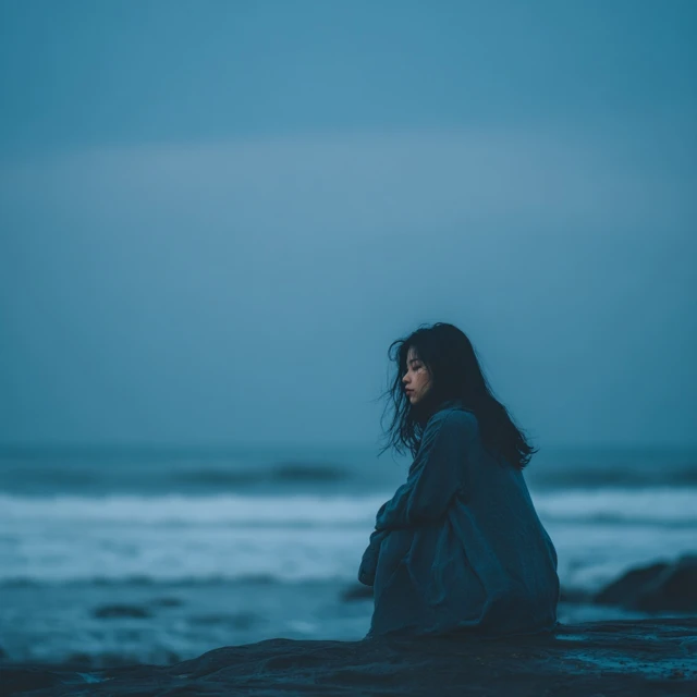 Vietnamese Woman Alone at Sea Emotional Scene