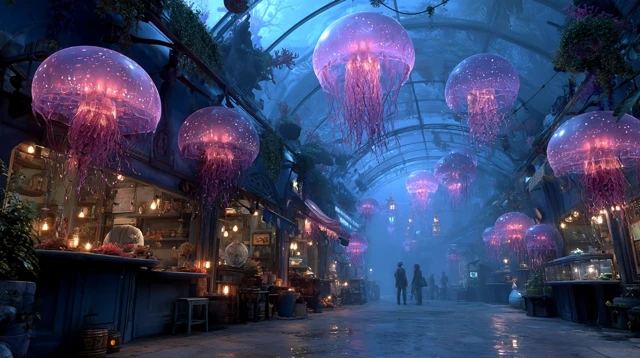 Underwater Neon Bazaar in 2045