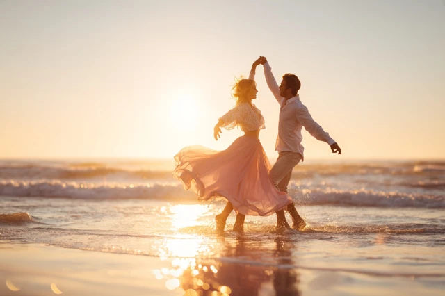 Couple Dances on Beach at Sunset Romantic Photography