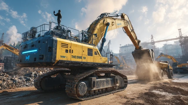 Construction Site Scene Heavy Excavator and Dump Truck