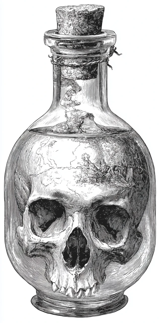 Mutated Skull in a Potion Bottle Engraving