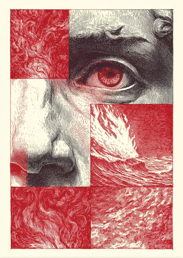 Woodcut Art Fire and Michelangelo David