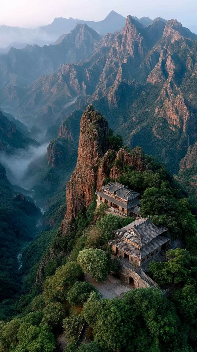 Aerial Mountain View Southwest China Misty Peaks