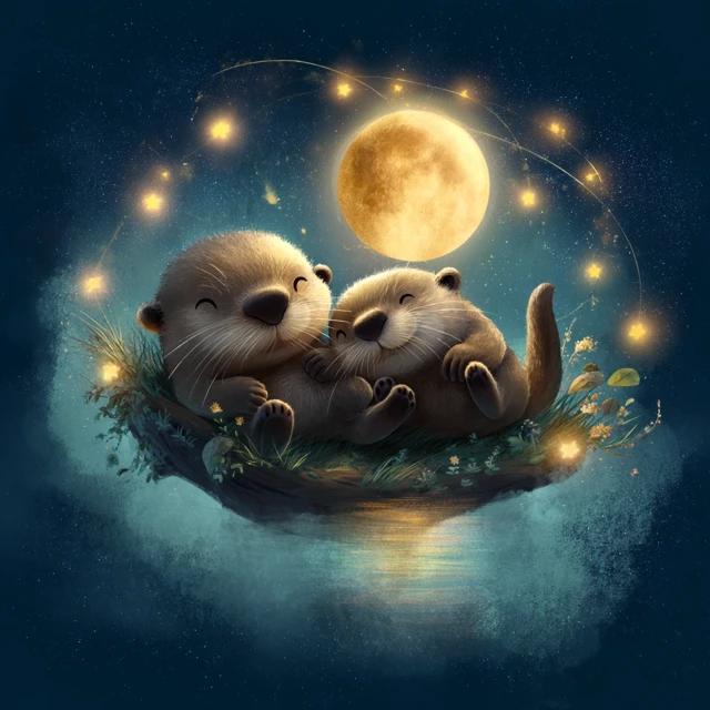 Cute Otters Under Moonlight Childrens Book Illustration