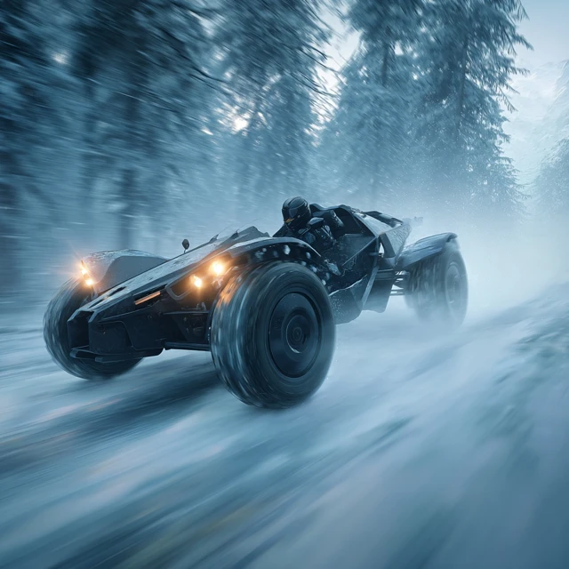 Off Road Buggy Racing Through Snow Covered Forest