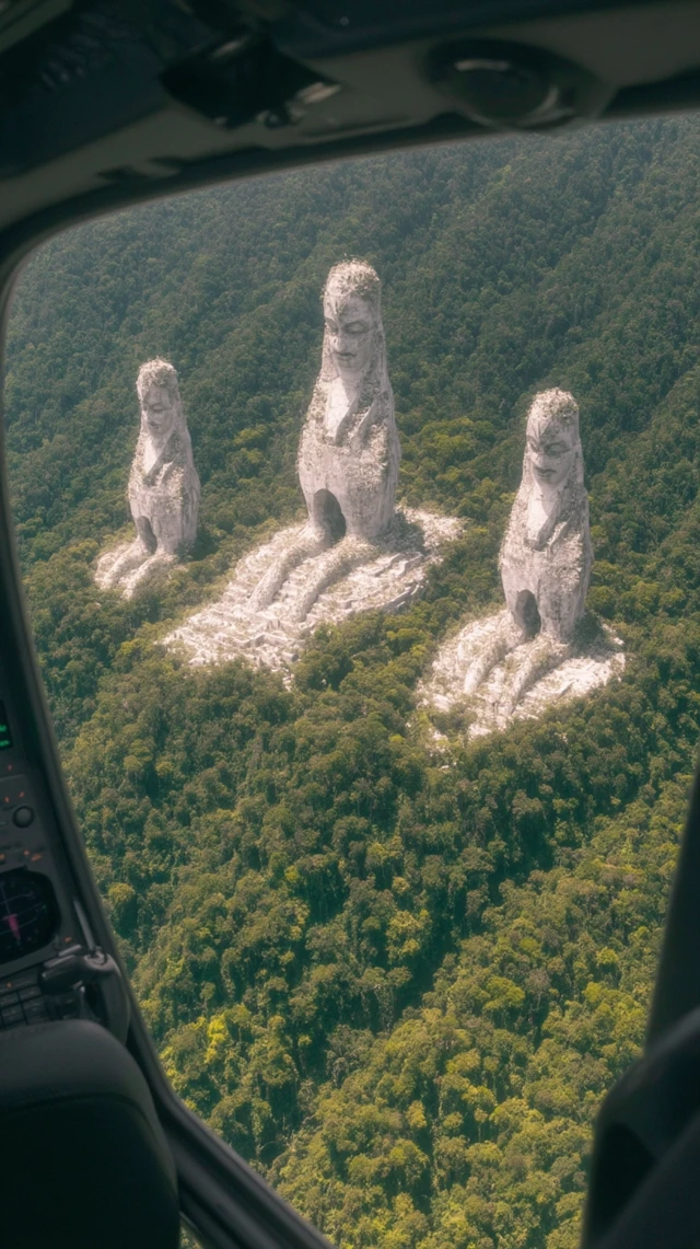 Alien Statues in Rainforest Aerial View