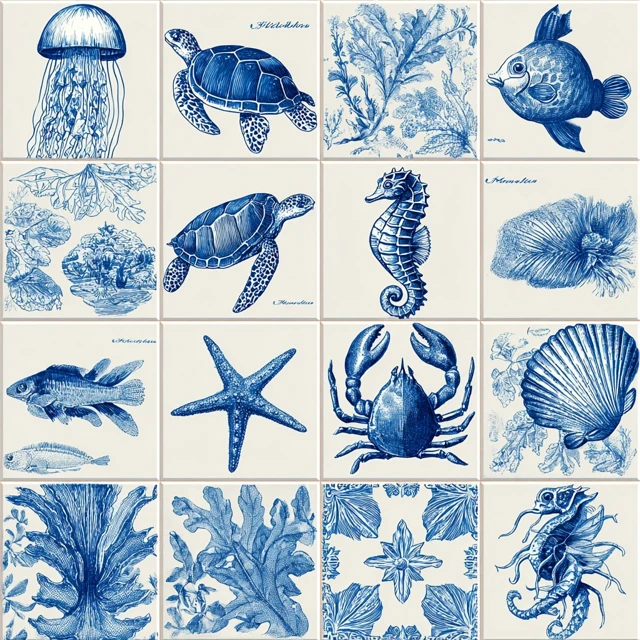 Blue and White Porcelain Tile Pattern Marine Life