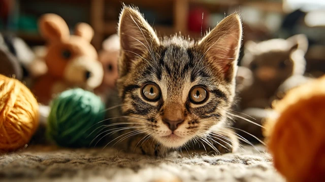 Cute Kitten Playing with Yarn Warm Sunlight