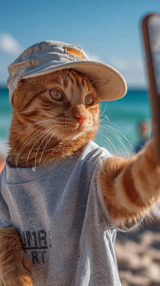 Orange Tabby Cat Taking Selfie at the Beach